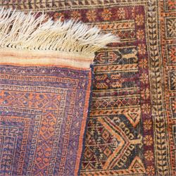 North West Persian Baluch prayer rug, central pointed mihrab design,    dark brown and camel tones, with repeating geometric and stylised floral motifs, lower field with tree of life motifs, main border geometric vine pattern in alternating colours, narrow guard stripes with repeating small motifs 