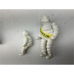 Cast iron figure of Michelin Man on motorbike modelled with smaller seated Michelin man in sidecar, H16cm