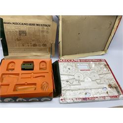 Mamod Minor 1 stationary live steam engine, line shaft, power hammer etc, attached to a wood board, with boxes and a quantity of Meccano 