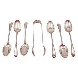Set of six Victorian Exeter silver teaspoons, each with beaded rim, together with a matching pair of sugar tongs, all hallmarked Josiah Williams & Co, Exeter 1881