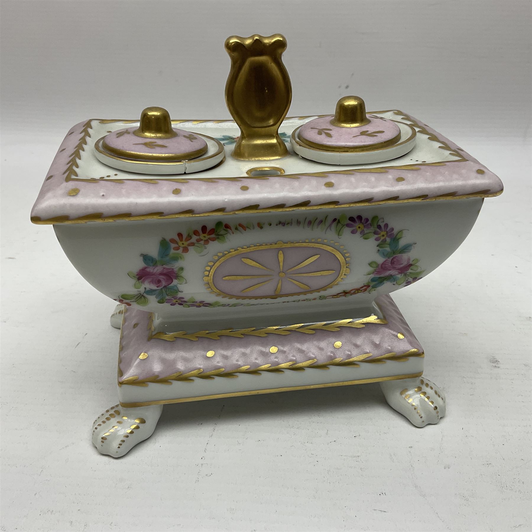 Limoges France hand painted ink well pot stand with lion paw feet, together with  pot pourri vase and cover in the shape of an egg raised on three scroll feet, ink well H14cm 