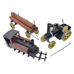Mamod steam traction engine with log wagon and load, finished in black and yellow, with burner, total L60cm; and MSS live steam 0-4-0 tank locomotive on track section (4)