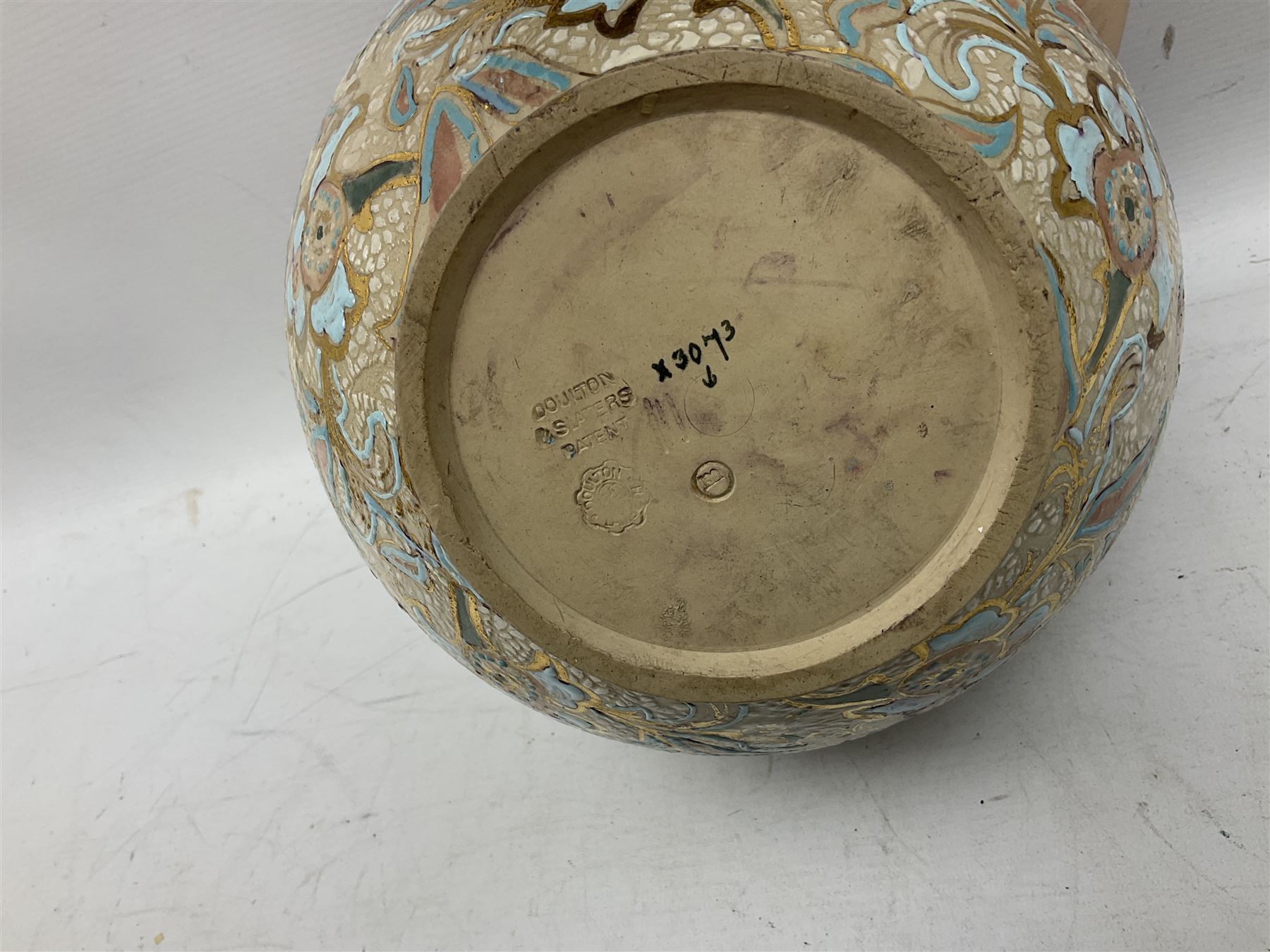 Three jardinières comprising West German Gerz example decorated in relief, Doulton Slaters example with frilled everted rim and a majolica example, and a further two Arthur Wood majolica jugs (5)