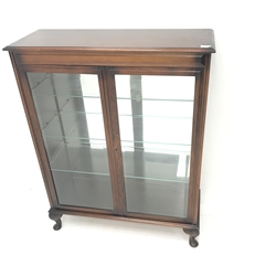  20th century mahogany display cabinet, two doors enclosing three adjustable shelves, cabriole feet, W92cm, H118cm, D35cm  