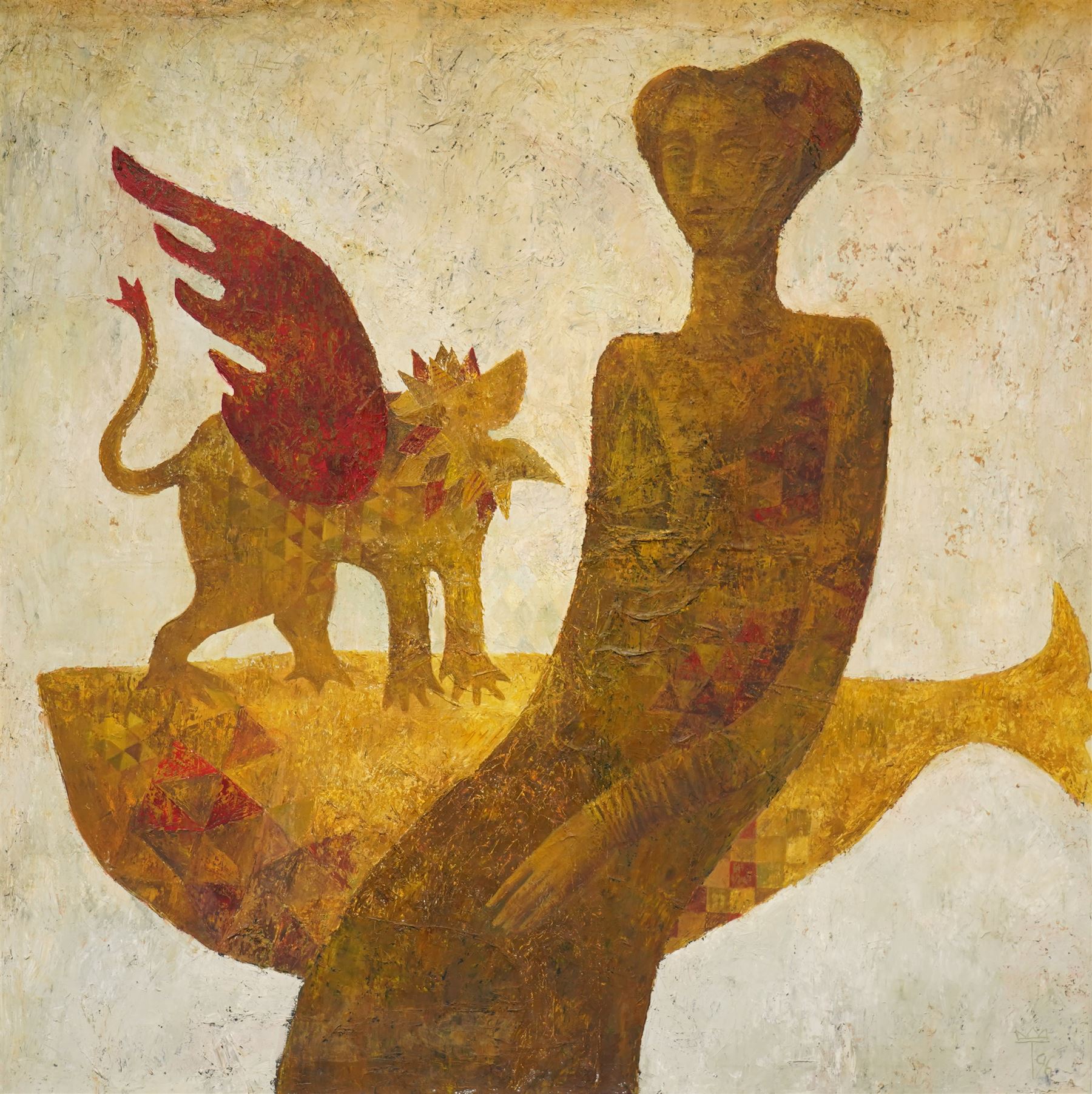 Timur Iskhakov (Russian 1968-): 'Midsummer Night's Dream', mixed media and oil on canvas signed with monogram and dated 1996, inscribed verso 149cm x 149cm 
Notes: Ishkahov studied in Russia during the late Soviet period and emerged in the 1990s with a distinct visual language drawing on mythology, folklore, and classical form. His work has been exhibited in Moscow, St. Petersburg, and internationally, including shows in Germany, France, and the UK. His paintings are held in numerous private and corporate collections across Europe and Asia. 