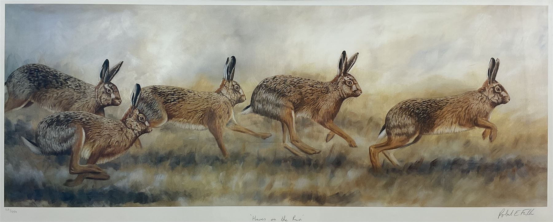 Robert E Fuller (British 1972-): 'Hares on the Run', large limited edition colour print signed titled and numbered 162/850 39cm x 95cm