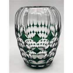 Val St Lambert style glass vase of shouldered ovoid form, cased in deep green over clear and heavily cut with repeat spherical pattern, indistinctly signed beneath ('Jac E. Dalmley'?), H15cm
