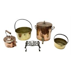 19th century twin handled copper tea urn, with a brass tap, together with a copper kettle, metal trivet and two brass jam pans, urn H40cm 