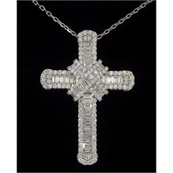 18ct white gold baguette and round brilliant cut diamond cross pendant necklace, total diamond weight approx 3.00 carat