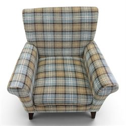 Contemporary armchair, upholstered in blue chequered fabric, dark stained square tapered supports