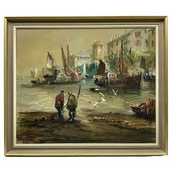 Continental School (20th century): Figures in a Harbour, possibly Cornish, oil on canvas indistinctly signed 50cm x 60cm