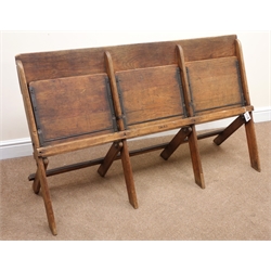  Vintage three seat oak folding bench, W140cm  