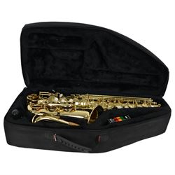 John Scheerer & sons Primo brand lacquered gilt Soprano Saxophone with mouthpiece, in a compact velvet lined hard case.