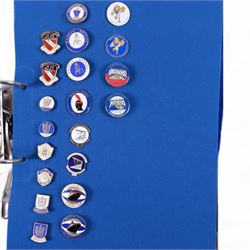 Rugby league enamel badge collection, from Barrow Raiders, Batley, Blackpool Panthers, Bradford Northern, Bradford Bulls, Bramley, Castleford, Catalan Dragons, Celtic Crusaders, Dewsbury Rams, Doncaster, Featherstone Rovers and Halifax, housed in two folders, (approximately 280)