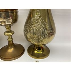 Pair of Jones and Willis ecclesiastical brass vases, together with a brass copper and white metal communion cup, vases H30cm