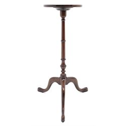 George III mahogany tripod candle stand or wine table, circular dished top with moulded edge, collar turned column on three splayed supports with spade shaped feet