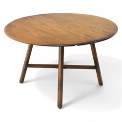 Ercol - elm oval drop leaf table, the oval moulded top with twin hinged leaves, supported on tapering legs with double stretchers (Extends to 124cm)