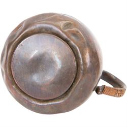 Keswick School of Industrial Arts: Arts & Crafts copper teapot, of stylised squat form with cane bound reed handle and ebony finial, together with a lidded jug, of bellied form with cane bound handle and Bakelite type thumbpiece and a cream jug of squat form with stylised loop handle, all stamped KSIA beneath, tallest H14cm