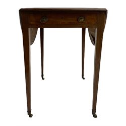 Regency mahogany Pembroke table, moulded oval drop leaf top with tulipwood banding, fitted with frieze drawer, on square tapering supports with brass cups and castors