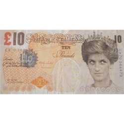 Banksy (British 1974-) Di-Faced Tenner, offset lithograph printed in colours, 2004, L14.5cm x H7.5cm, total weight 1.30g. Provenance: Purchased from Banksy's Dismaland in 2004   