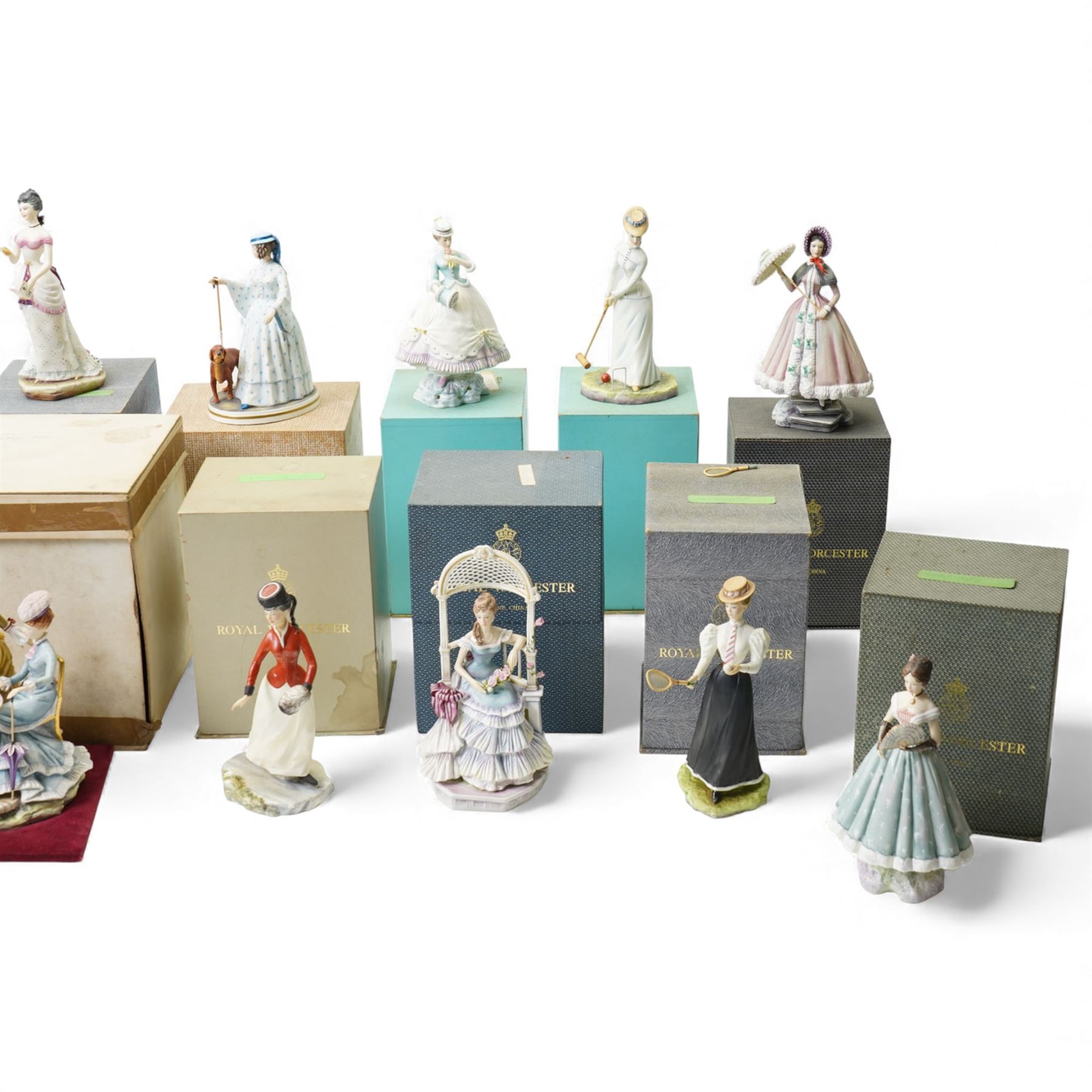 Collection of twenty Royal Worcester 'Victorian Series' figures modelled by Ronald and Ruth Esther Van Ruyckevelt including Tea Party, Picnic, Charlotte and Jane, Alice and others, mostly boxed and with certificates (20)