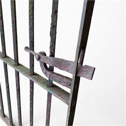 19th century wrought iron hand gate, with hinge loops and latch, square diamond fit rails, pointed finials