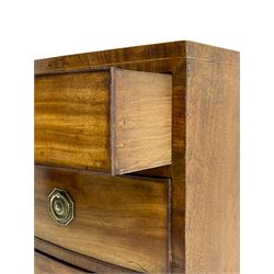 George III inlaid mahogany bow-front chest, fitted with four graduating drawers, octagonal plate and loop handles, shaped apron and splayed bracket feet