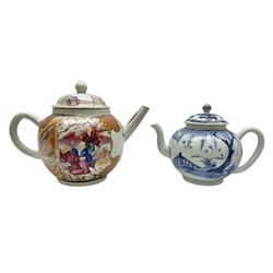 Two late 18th/early 19th century Chinese export teapots, the largest example of globular form with curved handle and straight spout, decorated in the Mandarin style with figural scenes surrounded by red scale reserves, H13.5cm, the second smaller example decorated in underglaze blue with two musicians in a landscape set with willow tree and fence, H10.5cm

