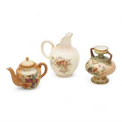 Royal Worcester porcelain including a blush ivory twin-handled basket, shape no. 2365, L13.5cm, blush ivory jug, of tapering form, shape no. 1047, pierced bowl, 1930s small barrel form jug, hand painted with a Redstart, signed, blush ivory flatback jug, twin handled vase, together with a Worcester style miniature part tea set, unmarked 