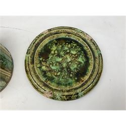 Victorian Majolica cheese dome and dish, decorated with a band of stiff leaf pattern in the Whieldon type pallet, H30cm