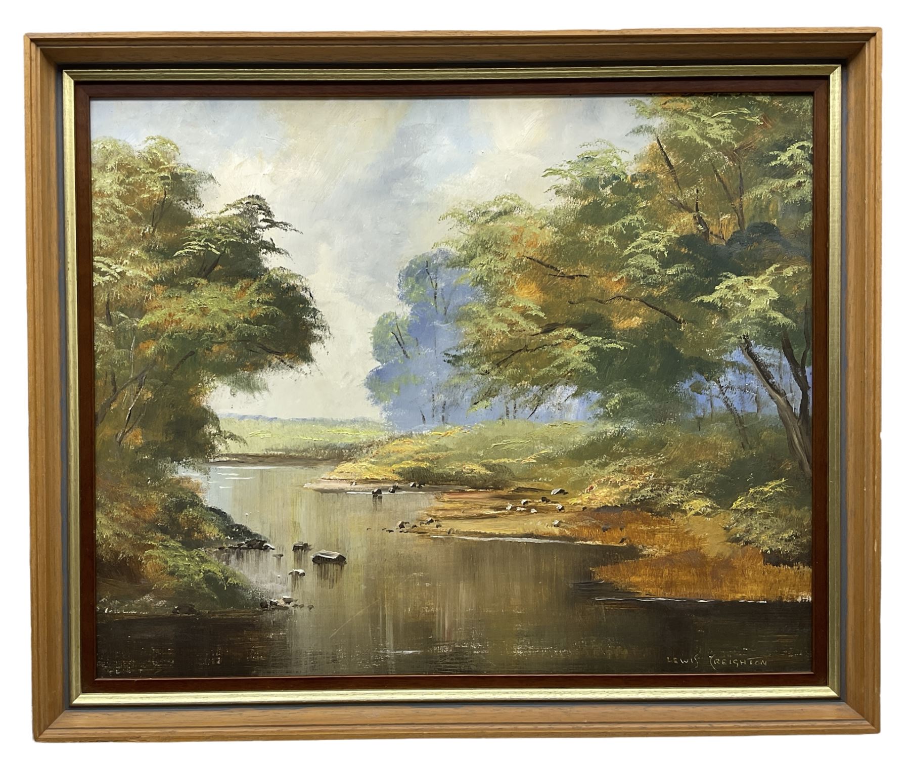 Lewis Creighton (British 1918-1996): River Landscape, oil on board signed 39cm x 48cm