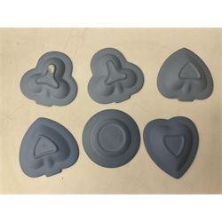 Wedgwood pale blue Jasperware, to include a pair of tulip vases, large vase with fluted rim, trinket dishes, trinket box etc, together with Wedgwood miniature hanging decoration in the form of a tea set 