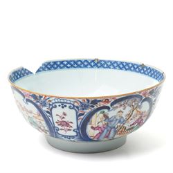 19th century Chinese famille rose punch bowl, decorated with panels of traditional scenes ...