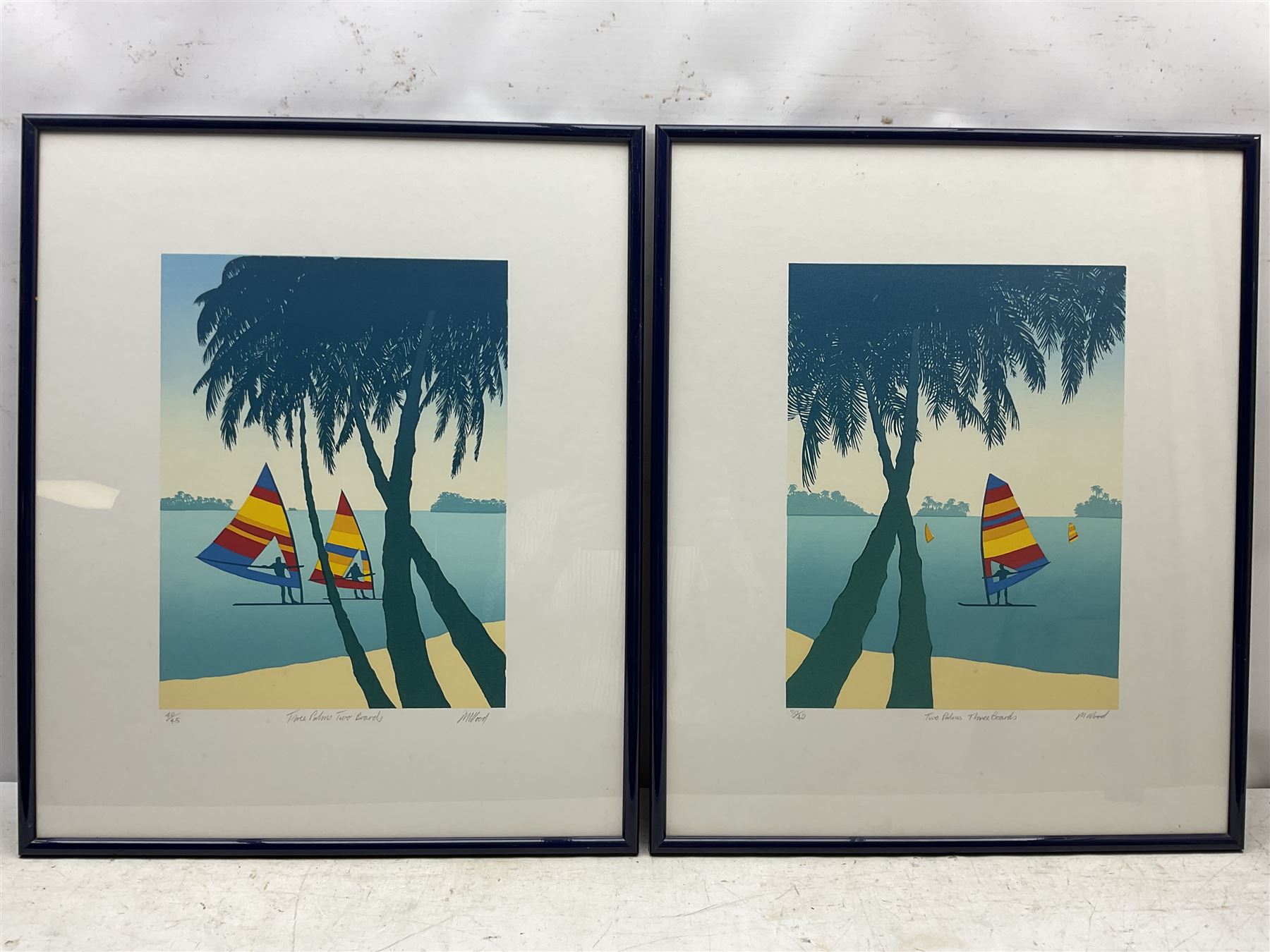 M Wood (20th century): 'Three Palms - Two Boards' and 'Two Palms - Three Boards', pair limited edition screenprints signed titled and numbered 40/45 and 30/40, respectively, 41cm x 31cm with full margins (2)