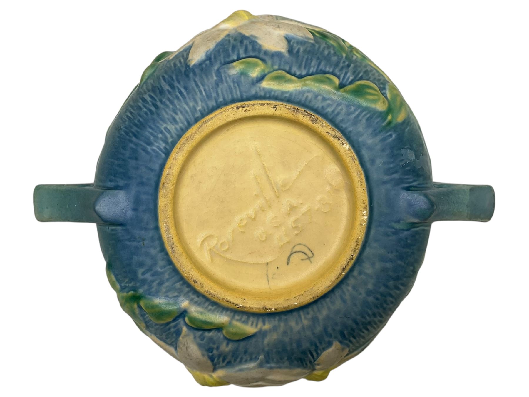Roseville pottery twin handled bowl, decorated with clematis on a blue ground, marked ‘Roseville USA 457-8’ to the base