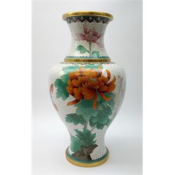 A Chinese cloisonné vase, of baluster form decorated with flowering peonies and butterflies upon a white ground, H39cm.
