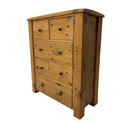 Reclaimed pine chest, fitted with two short and three long drawers