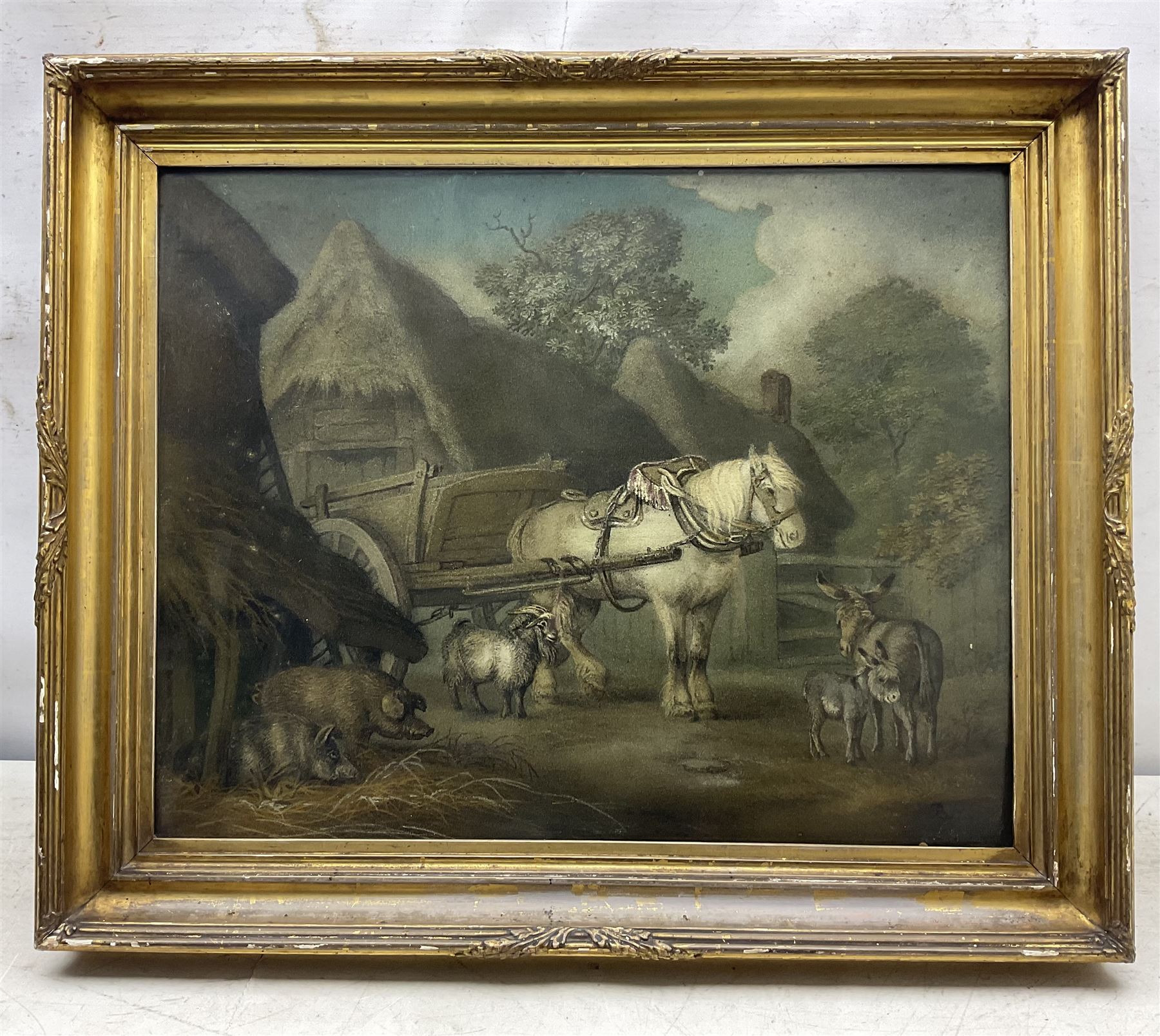 Benjamin Zobel (German/British 1762-1830): Animals in the Farmyard, 'Marmotinto' sand picture signed with initials 47cm x 59cm