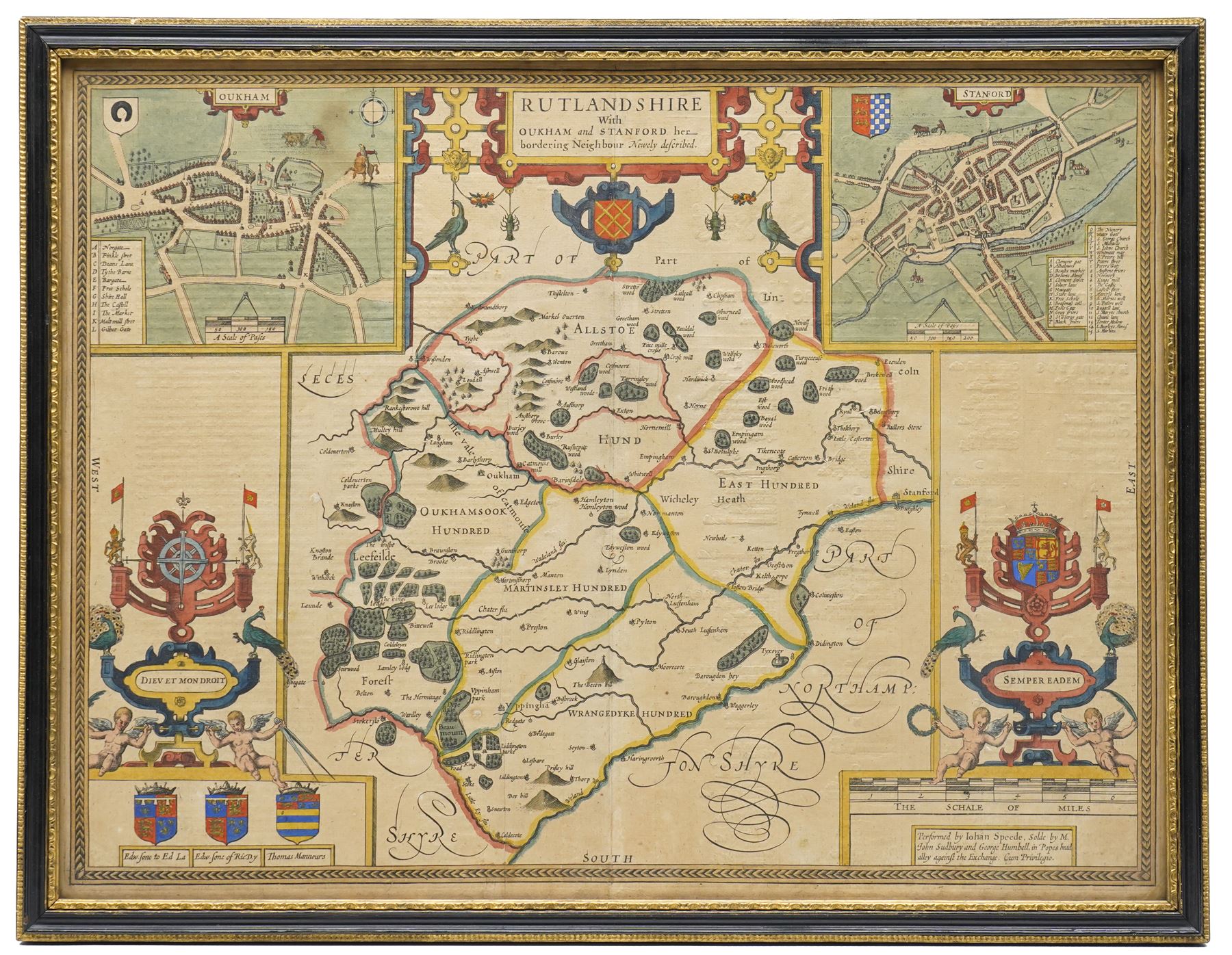 John Speed (British 1552-1629): 'Rutlandshire', 17th century engraved map with hand-colouring with inset plans of Oukham (Oakham) and Stanford and numerous armorials, English text verso pub. c.1627-1632, 40cm x 52cm