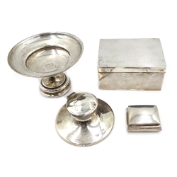  Silver box, sandalwood lined un-marked, 9cm, continental snuff box import marks, ink stand and weighted comport hallmarked (4)  
