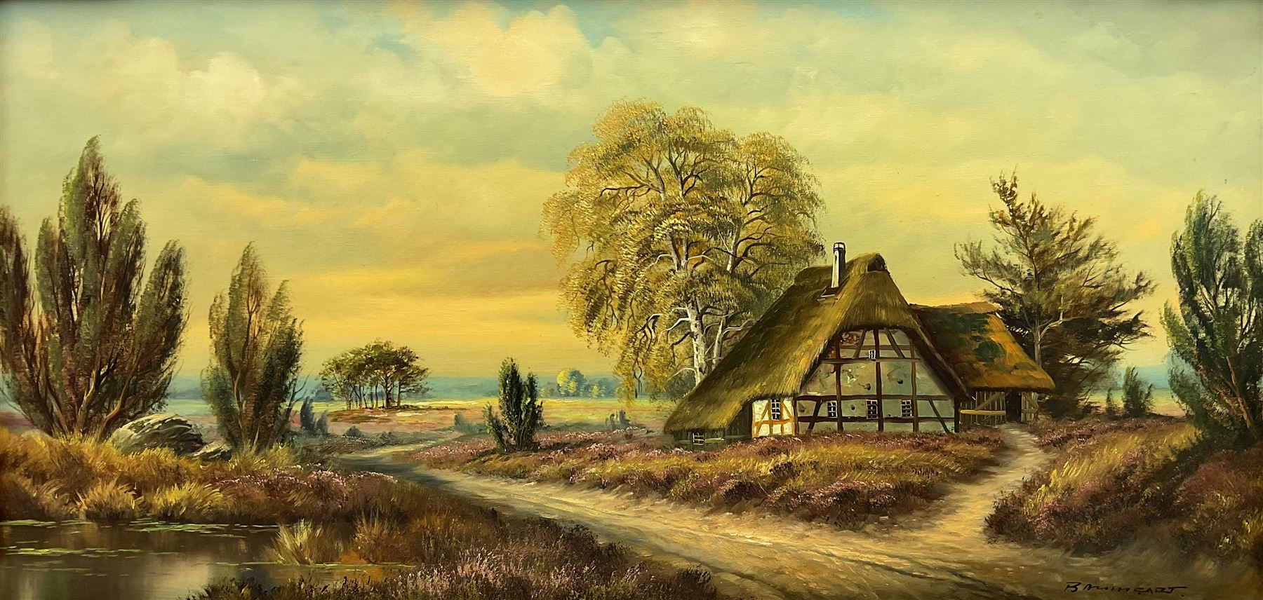 Horst Baumgart (German 1932-): Thatched Cottage I, oil on canvas signed 48cm x 98cm in cruciform oak Oxford frame