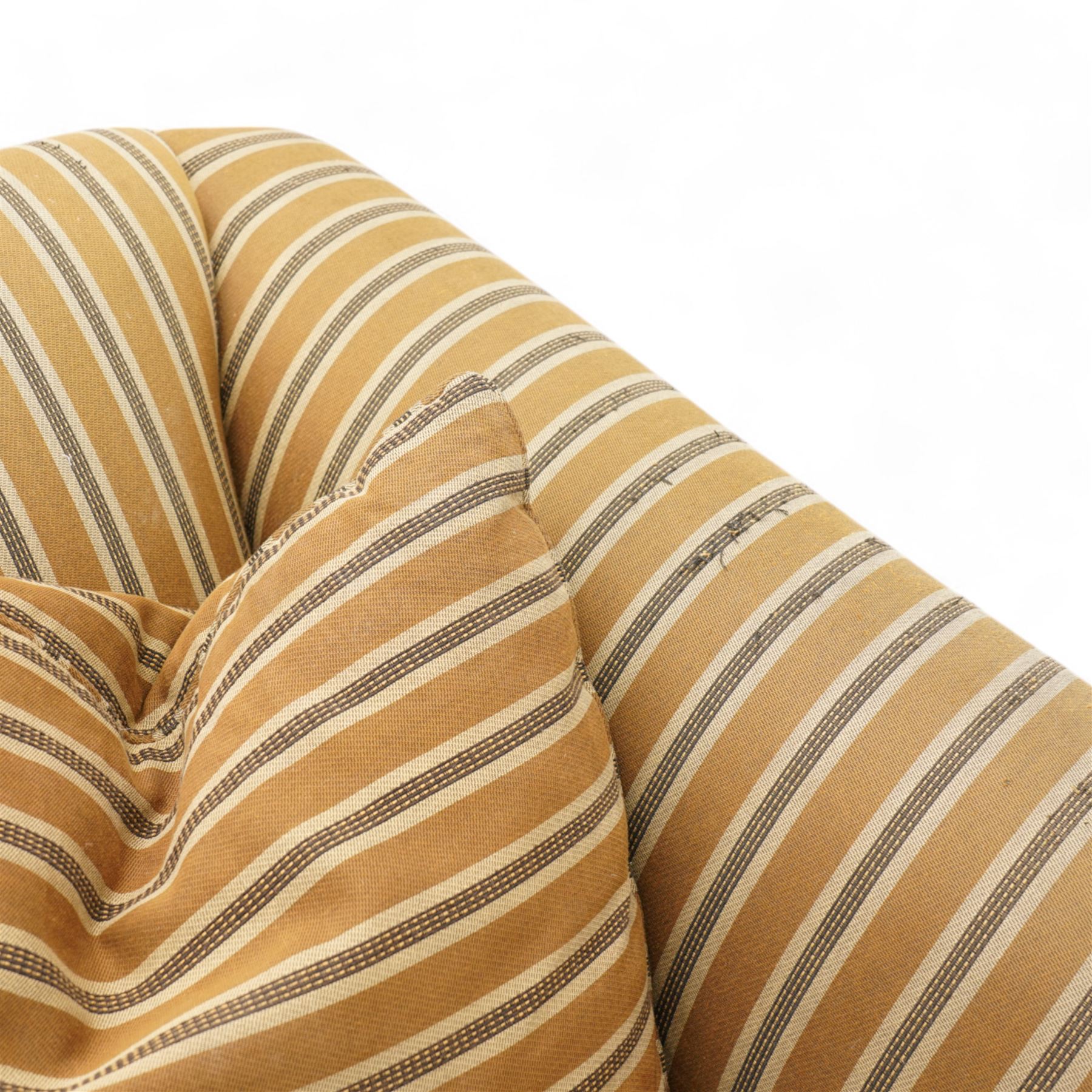 Chippendale design hardwood-framed settee, arched back over rolled arms and serpentine seat, upholstered in striped fabric, on shell and foliate carved cabriole supports with scrolled terminals, together with matching scatter cushions 