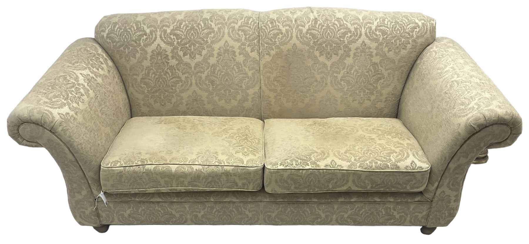 Traditional design three-piece lounge suite - three-seat sofa (W220cm, H90cm, D90cm); two armchairs (W115cm); and two footstools (77cm x 43cm, H31cm); upholstered in cream damask fabric