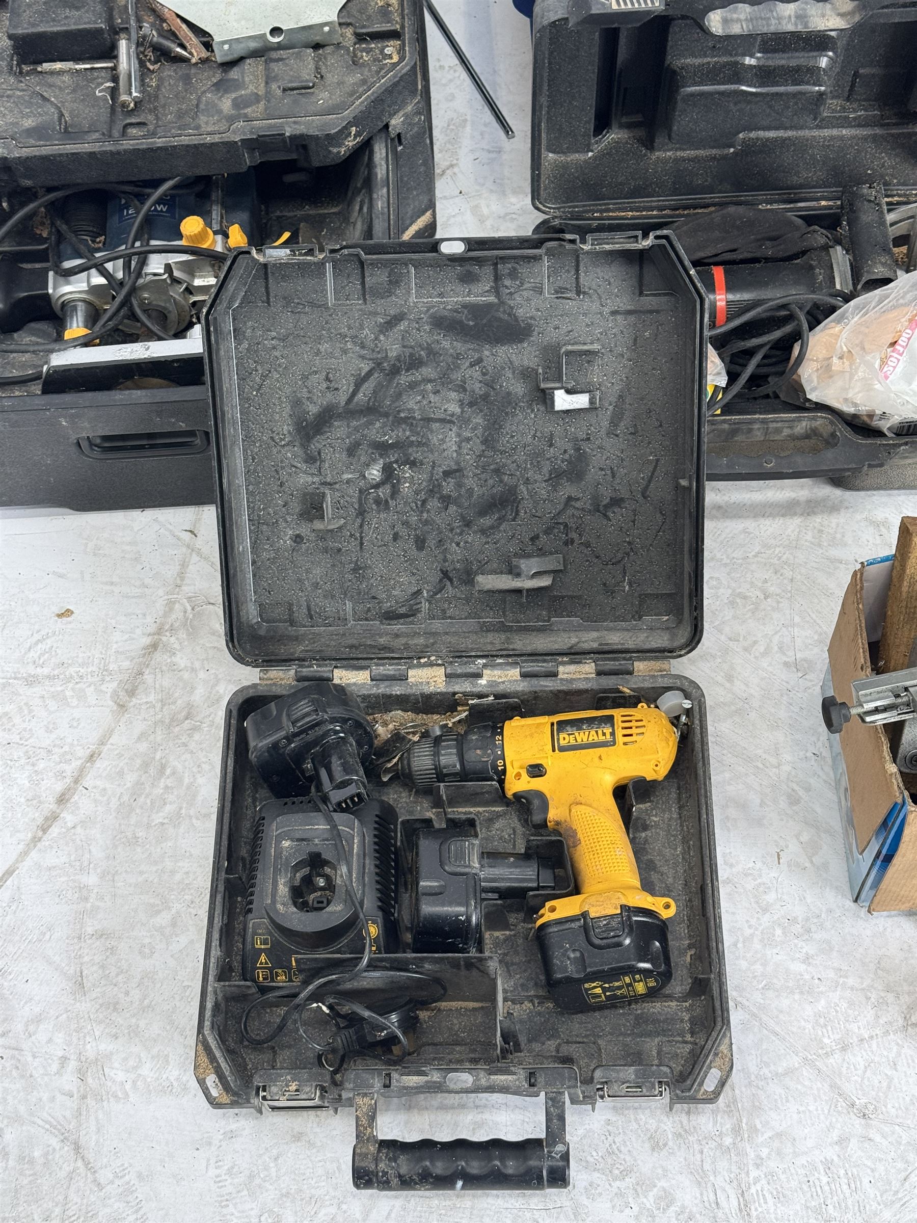Performance Pro router with accessories, cased; DeWalt drill, two angle grinders with bits, biscuit jointer, bench grinder, scroll saw, heat gun, drills and other