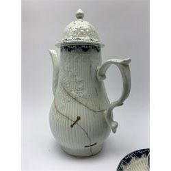 18th century Phillip Christian Liverpool reeded and floral moulded tea wares, comprising coffee pot, tea bowl and saucer, and coffee cup and saucer, each detailed with foliate and trellis borders, teapot H25cm, tea bowl D7.5cm, saucer D13cm 