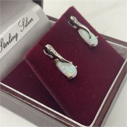 Pair of silver opal and cubic zirconia stud earrings, stamped 925, boxed 