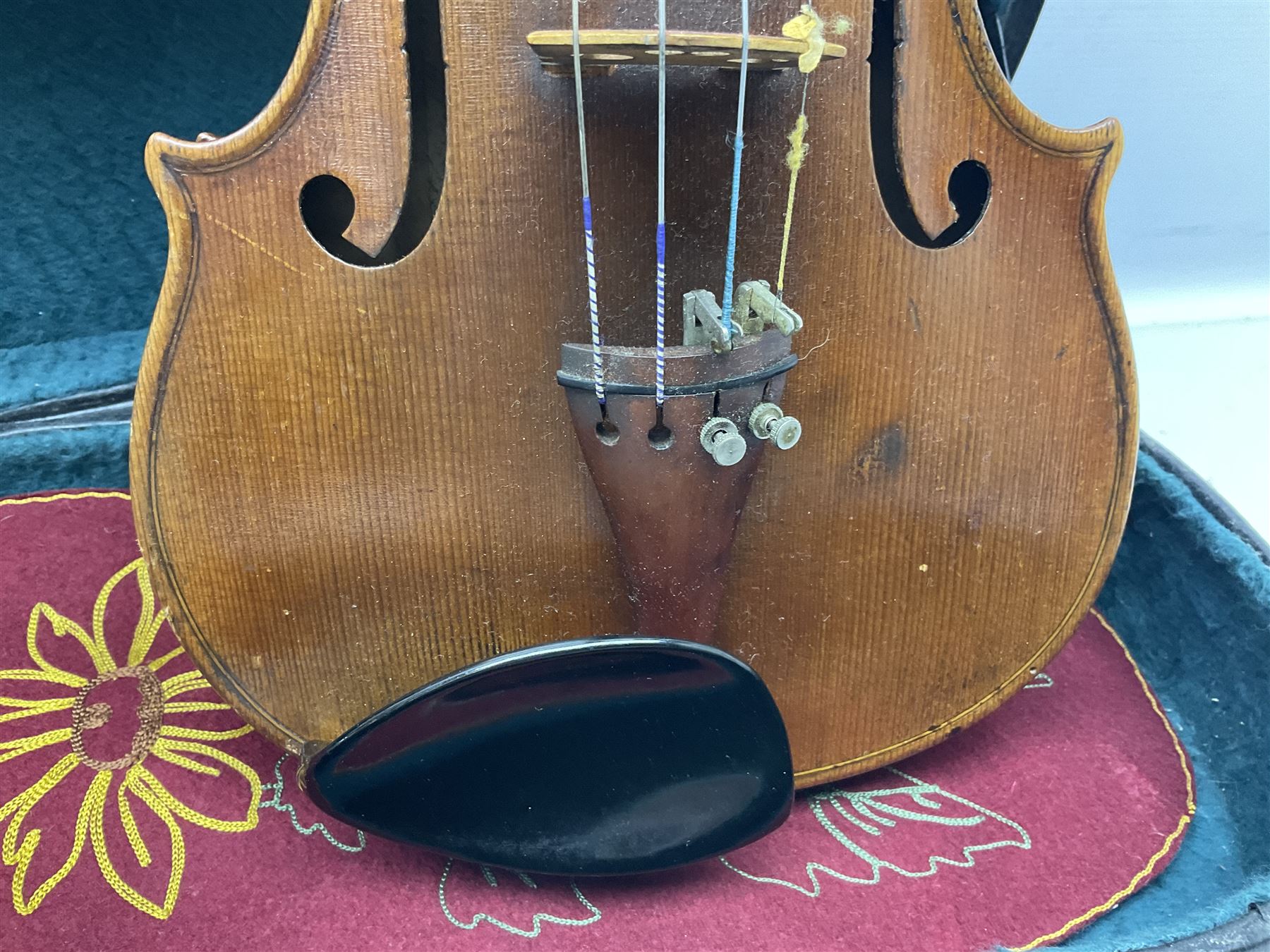 French violin c1900 labelled Guadagnini with 35.5cm two-piece maple back and ribs and spruce top, labelled 'Joannes Baptista Guadagnini Pla Centinus Fecit Mediolani 17**' L59cm overall; in hard carrying case