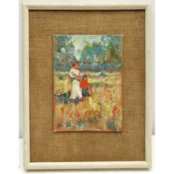 Impressionist School (20th century): Mother and Child in a Flower Meadow, oil on board indistinctly signed 18cm x 13cm