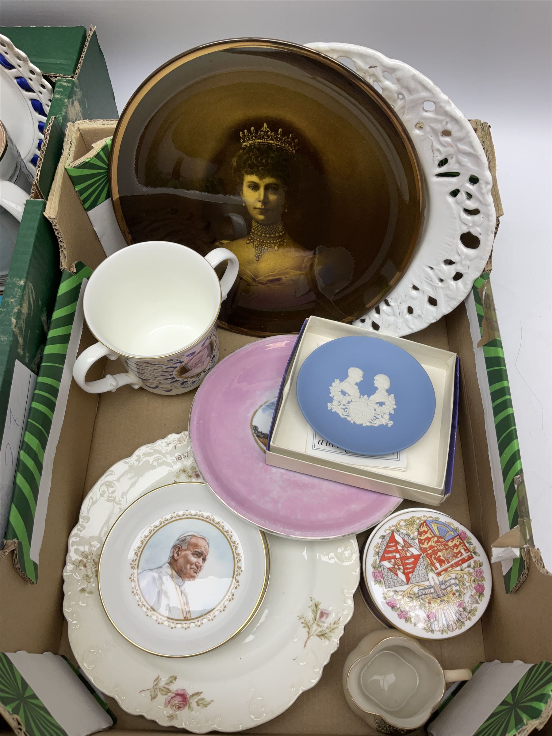 Commemorative ware ceramics to include Portmeirion 'A year to Remember' Royal Wedding mug, Ridgways George VI tankard, Hornsea Charles and Diana mug and a quantity of other commemorative mugs and plates etc in two boxes