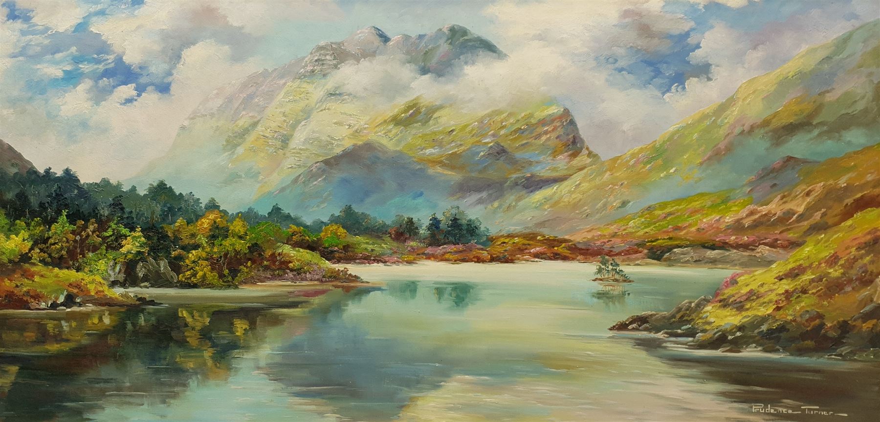 Prudence Turner (British 1930-2007): 'Liathach from Loch Clair', oil on canvas signed 49cm x 100cm